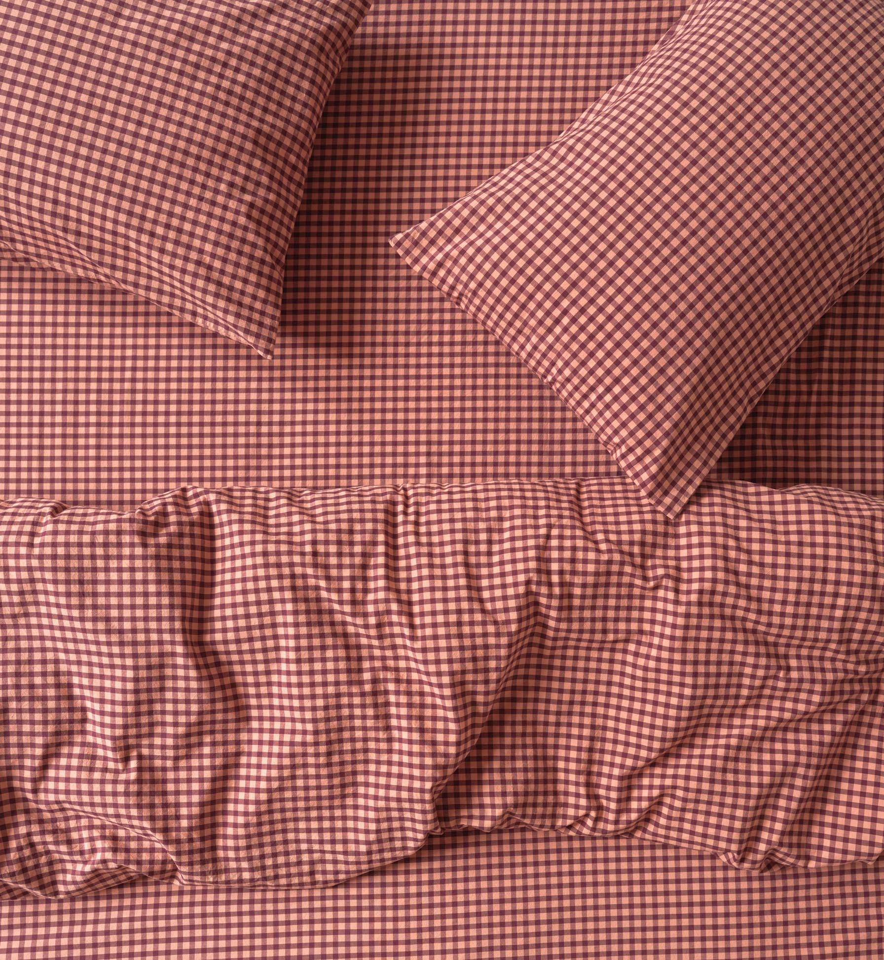 Fig & Blush Pink Gingham Washed Cotton Percale Duvet Cover