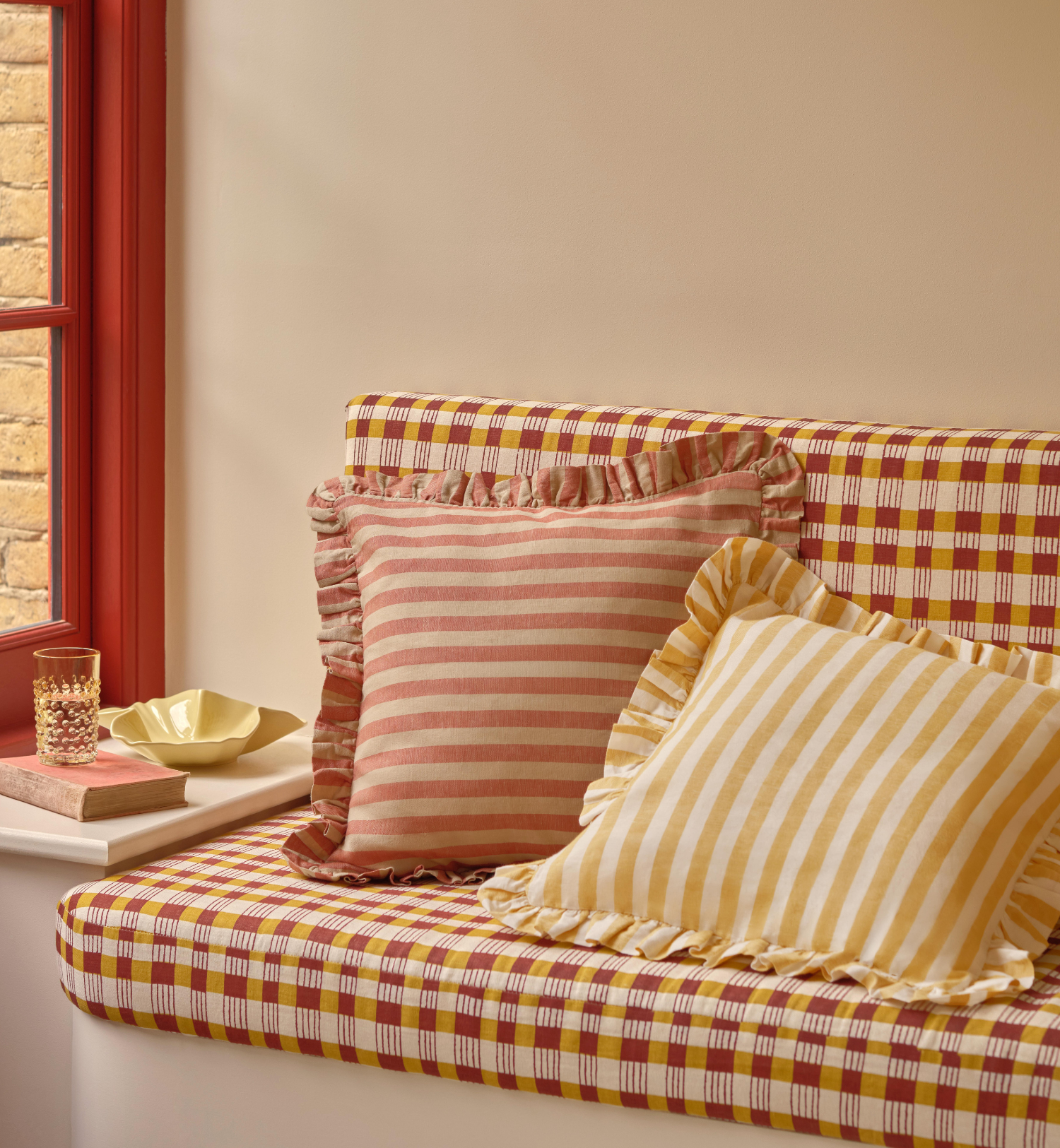 Honey Pembroke Stripe Frill Linen Blend Filled Cushion