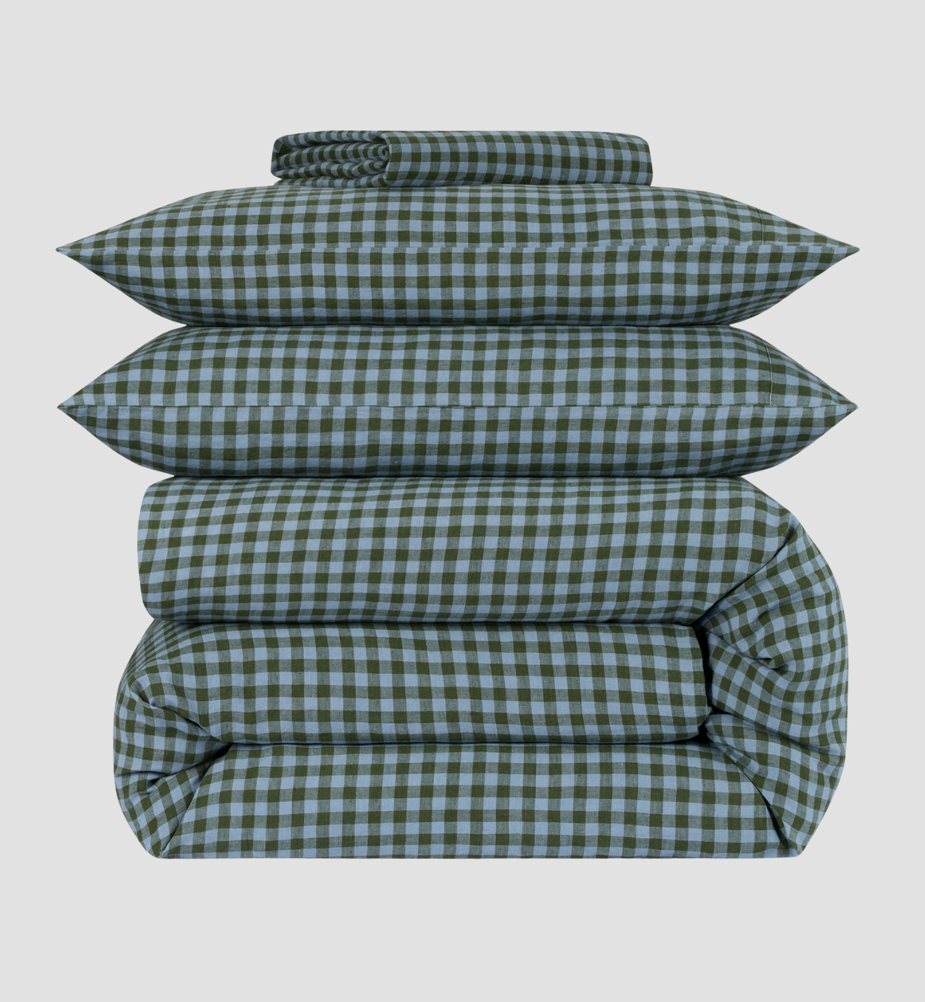 Fern Green & Dusk Blue Colour Drenched Gingham Linen Blend Duvet Cover