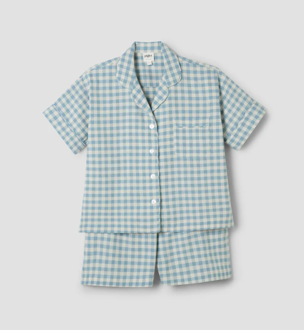 Warm Blue Gingham Linen Blend Pyjama Short Set