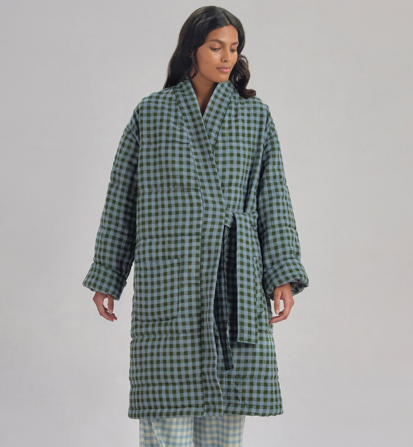 Fern Green & Dusk Blue Colour Drenched Gingham Linen Blend Housecoat