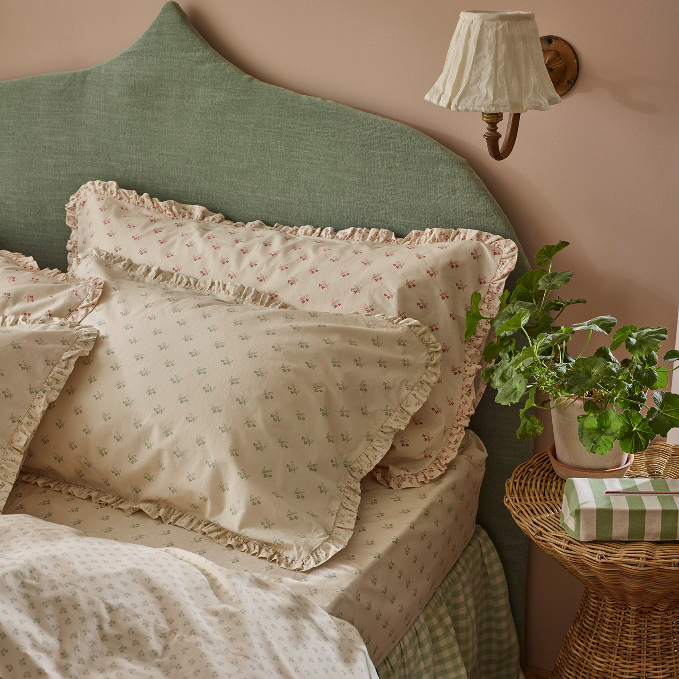 Mellow Green Martha Floral Cotton Frill Pillowcases (Pair)