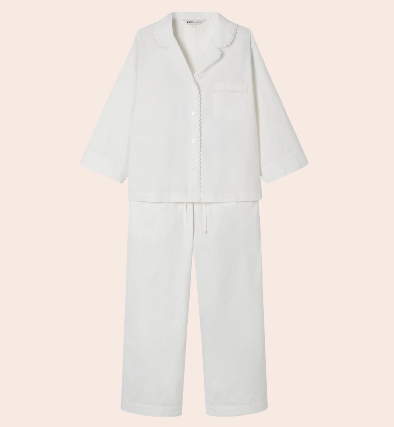 White Floral Embroidered Cotton Cropped Trouser Set