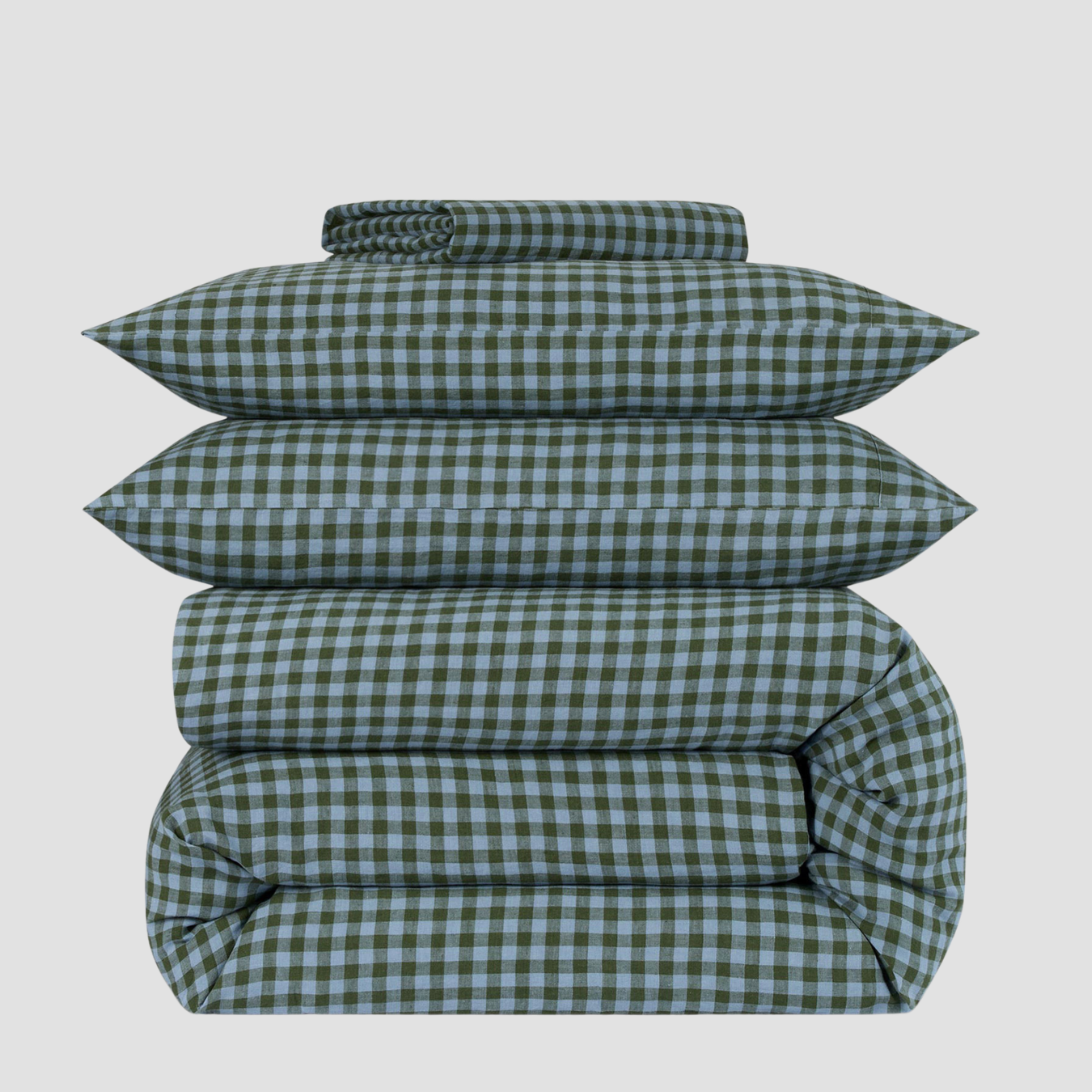 Fern Green & Dusk Blue Colour Drenched Gingham Linen Blend Duvet Cover