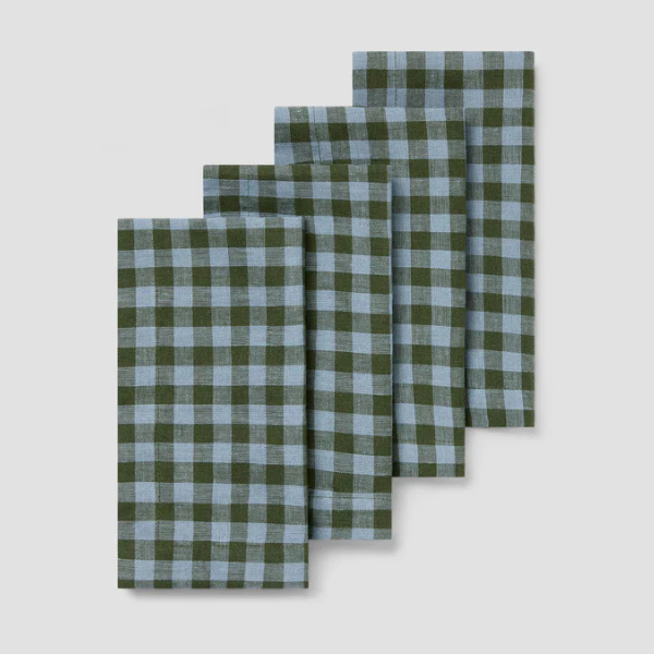 Fern Green & Dusk Blue Colour Drenched Gingham Linen Blend Napkins Set of 4