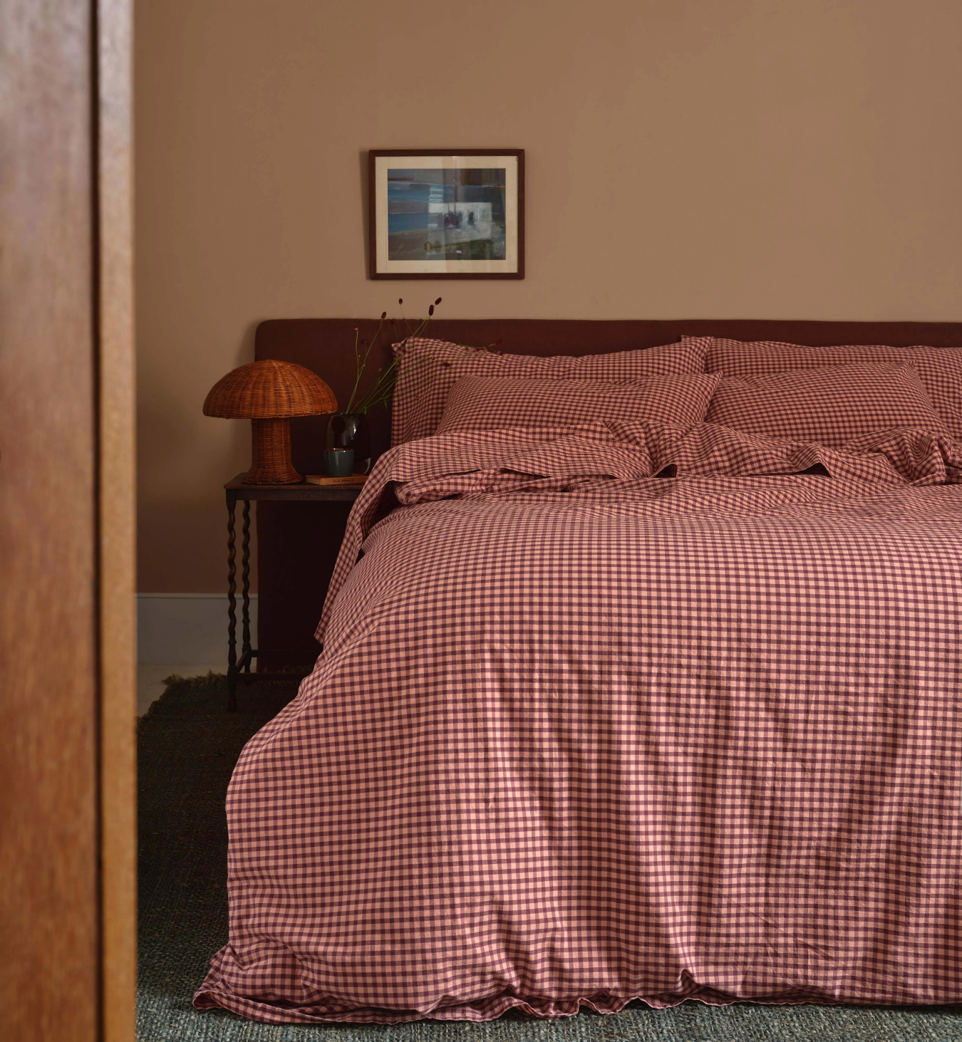Fig & Blush Pink Gingham Washed Cotton Percale Duvet Cover