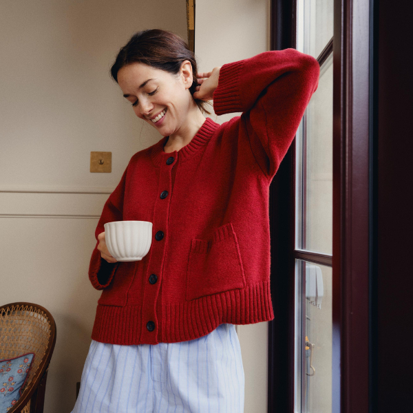 Red Crew Neck Wool Cardigan