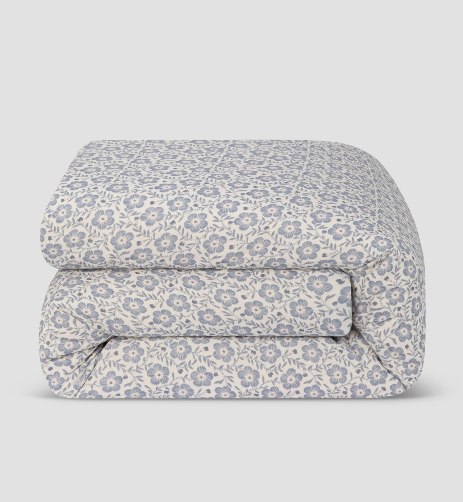 Dusk Blue Folk Floral Linen Blend Duvet Cover