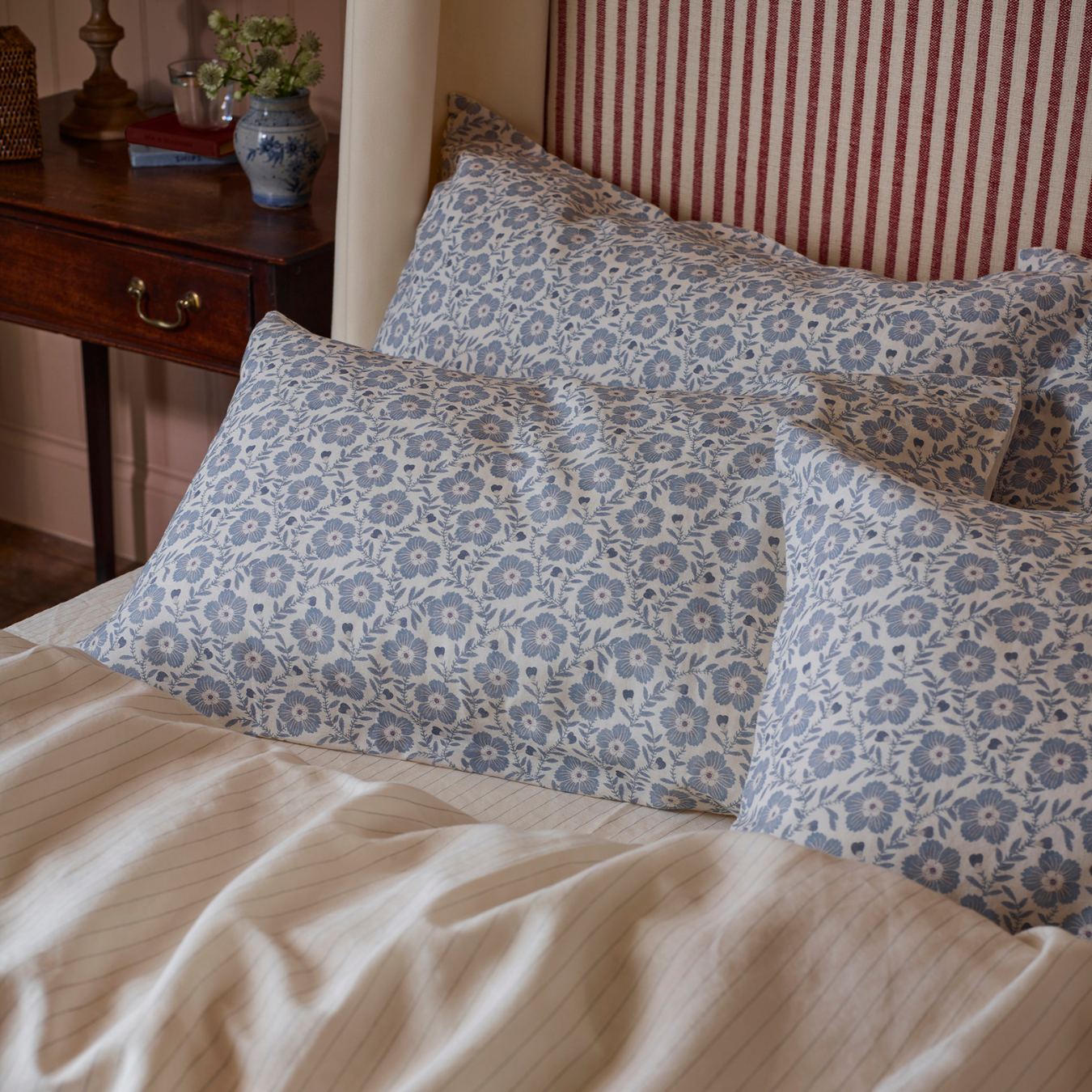 Dusk Blue Folk Floral Linen Blend Pillowcases (Pair)
