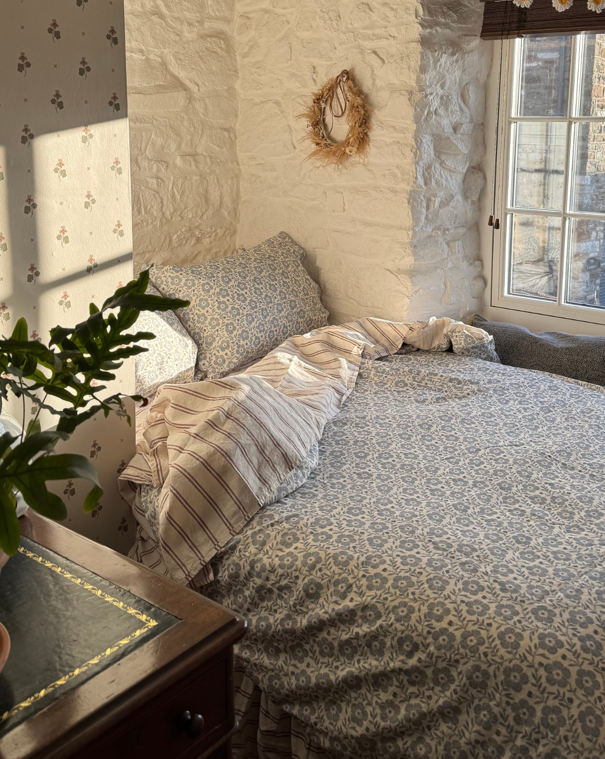 Dusk Blue Folk Floral Linen Blend Duvet Cover