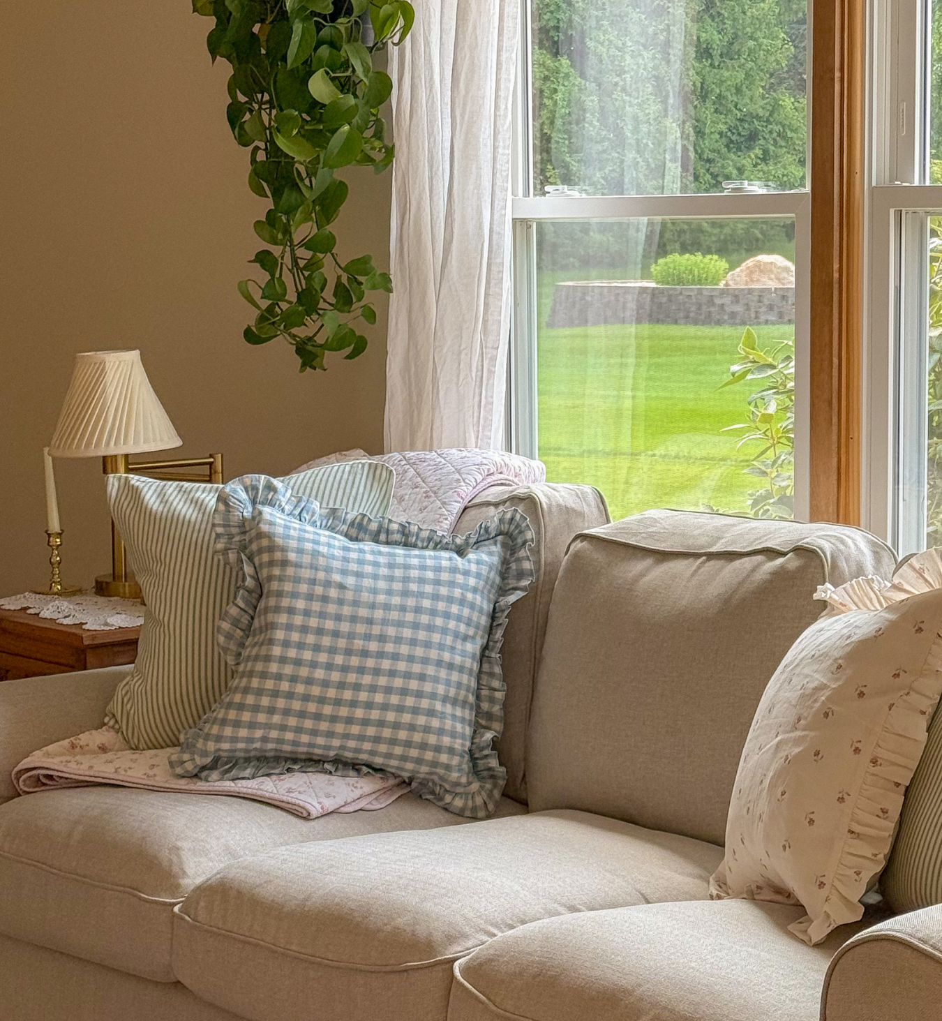 Warm Blue Gingham Frill Linen Blend Filled Cushion