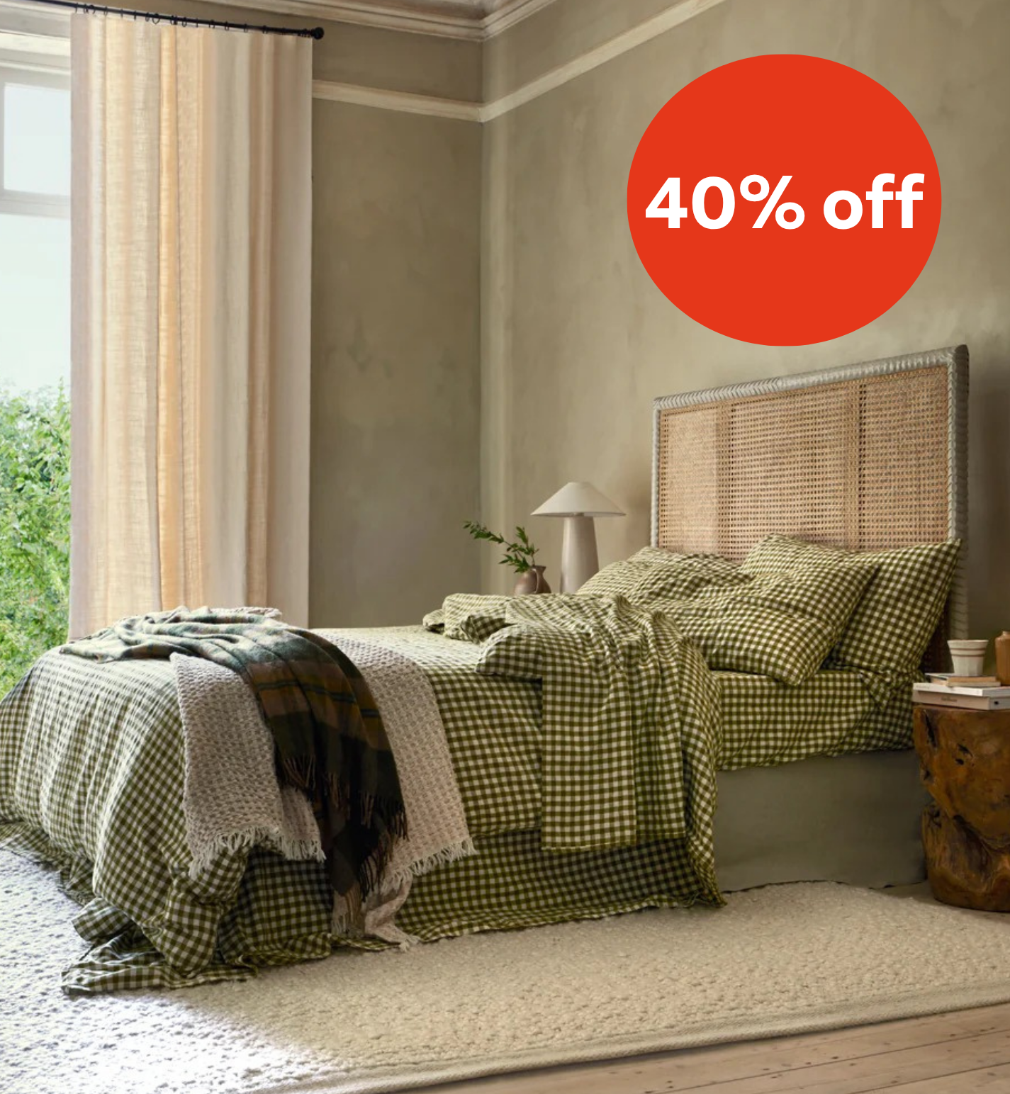 Botanical Green Gingham Linen Duvet Cover