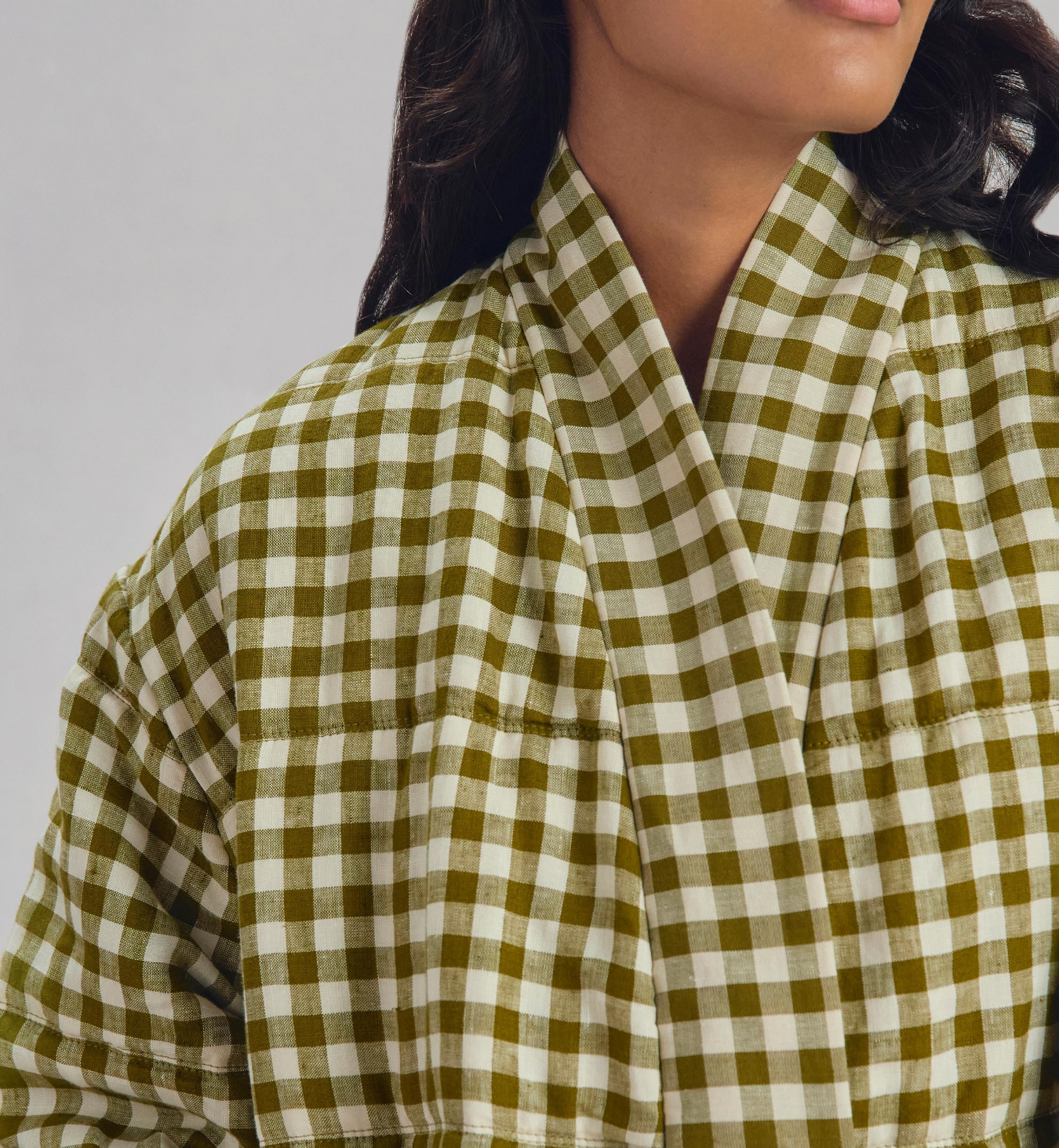 Botanical Green Gingham Linen Blend Housecoat
