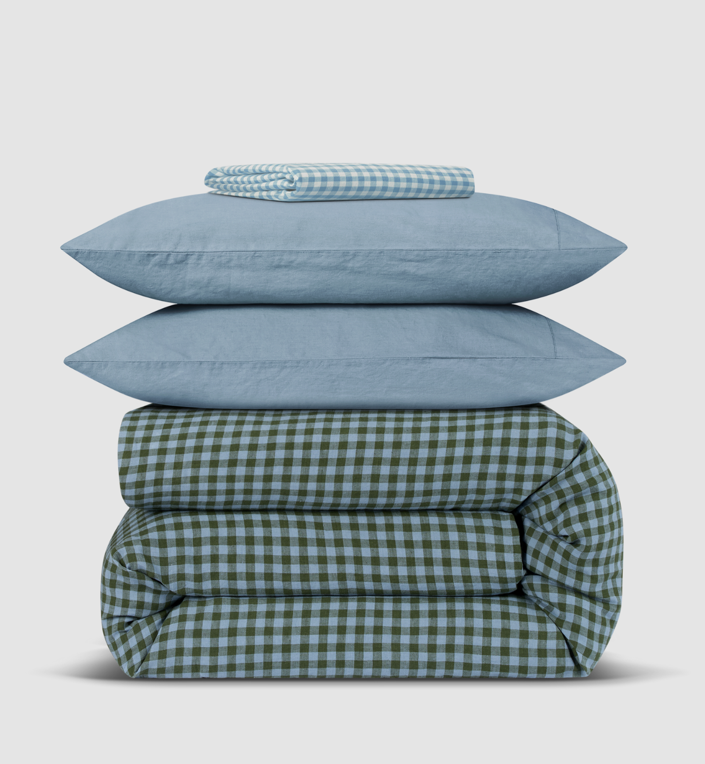 Fern Green & Dusk Blue Colour Drenched Gingham Linen Blend Duvet Cover