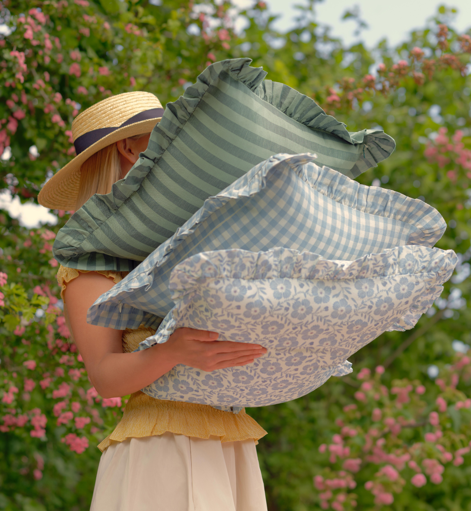 Dusk Blue Folk Floral Frill Linen Blend Filled Cushion