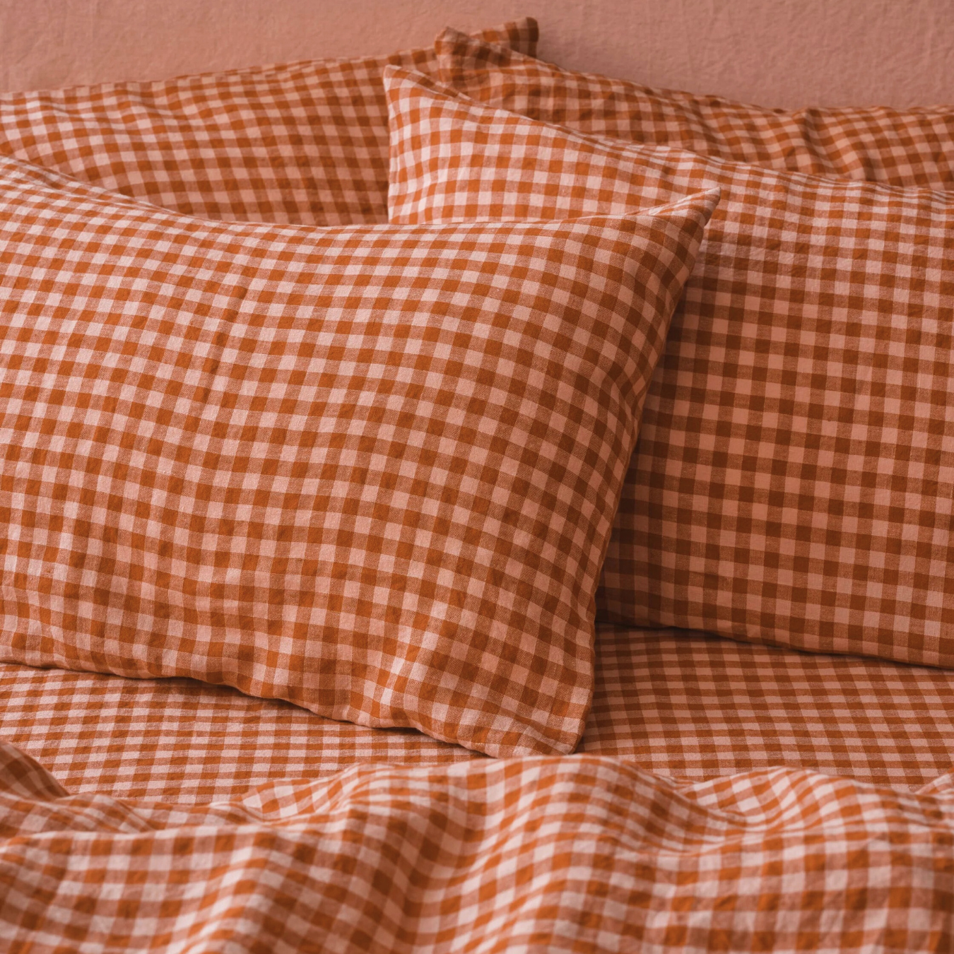 Cinnamon & Peach Colour Drenched Gingham Linen Blend Duvet Cover