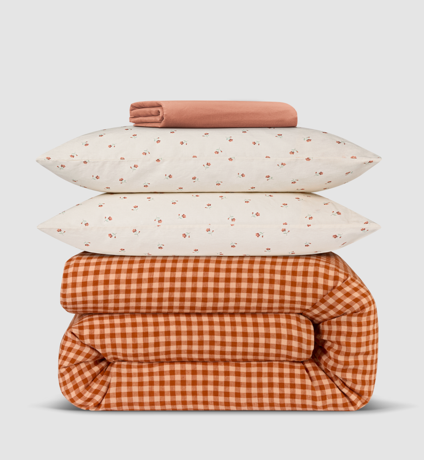 Cinnamon & Peach Colour Drenched Gingham Linen Blend Duvet Cover