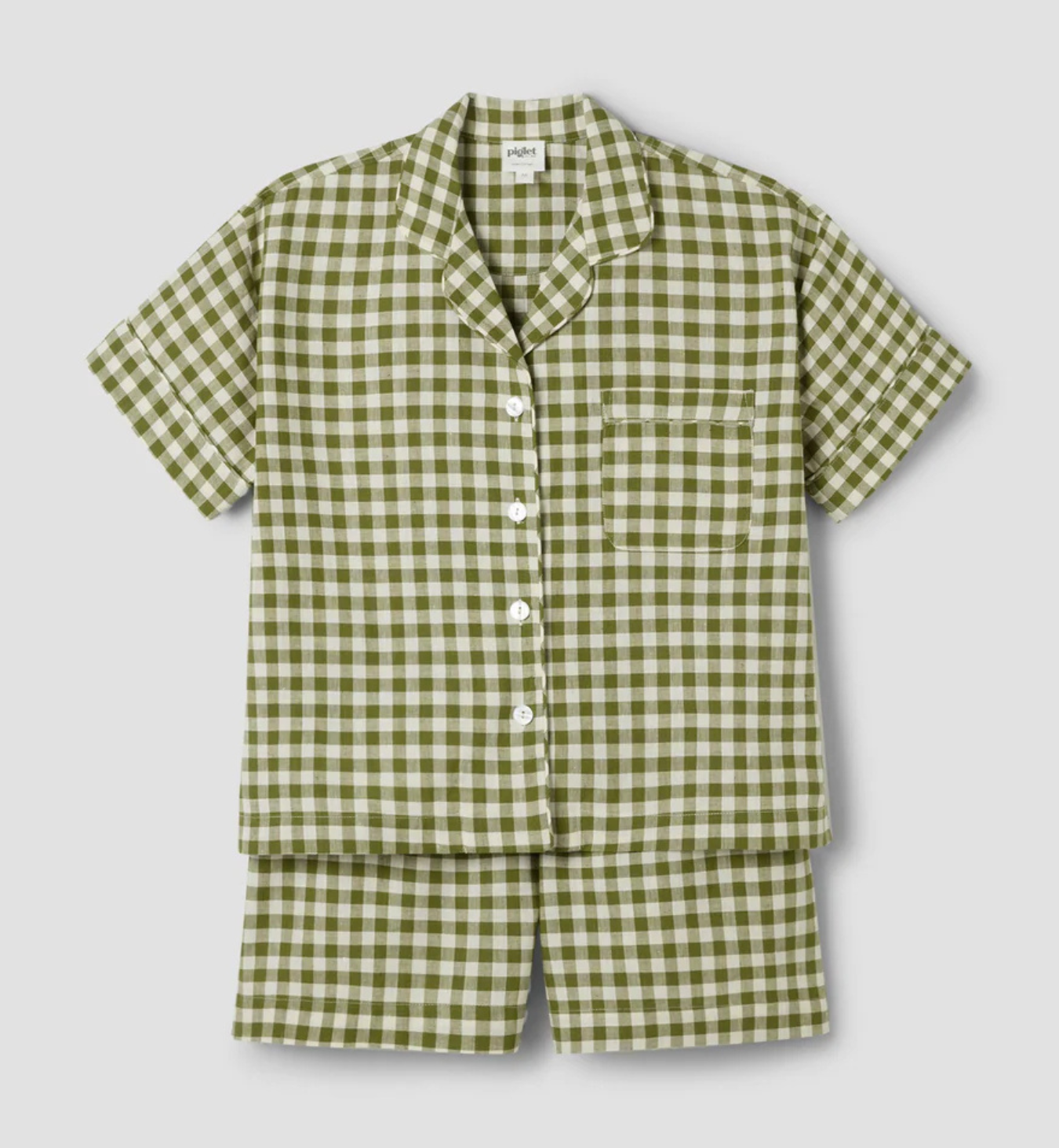 Botanical Green Gingham Linen Blend Pyjama Short Set