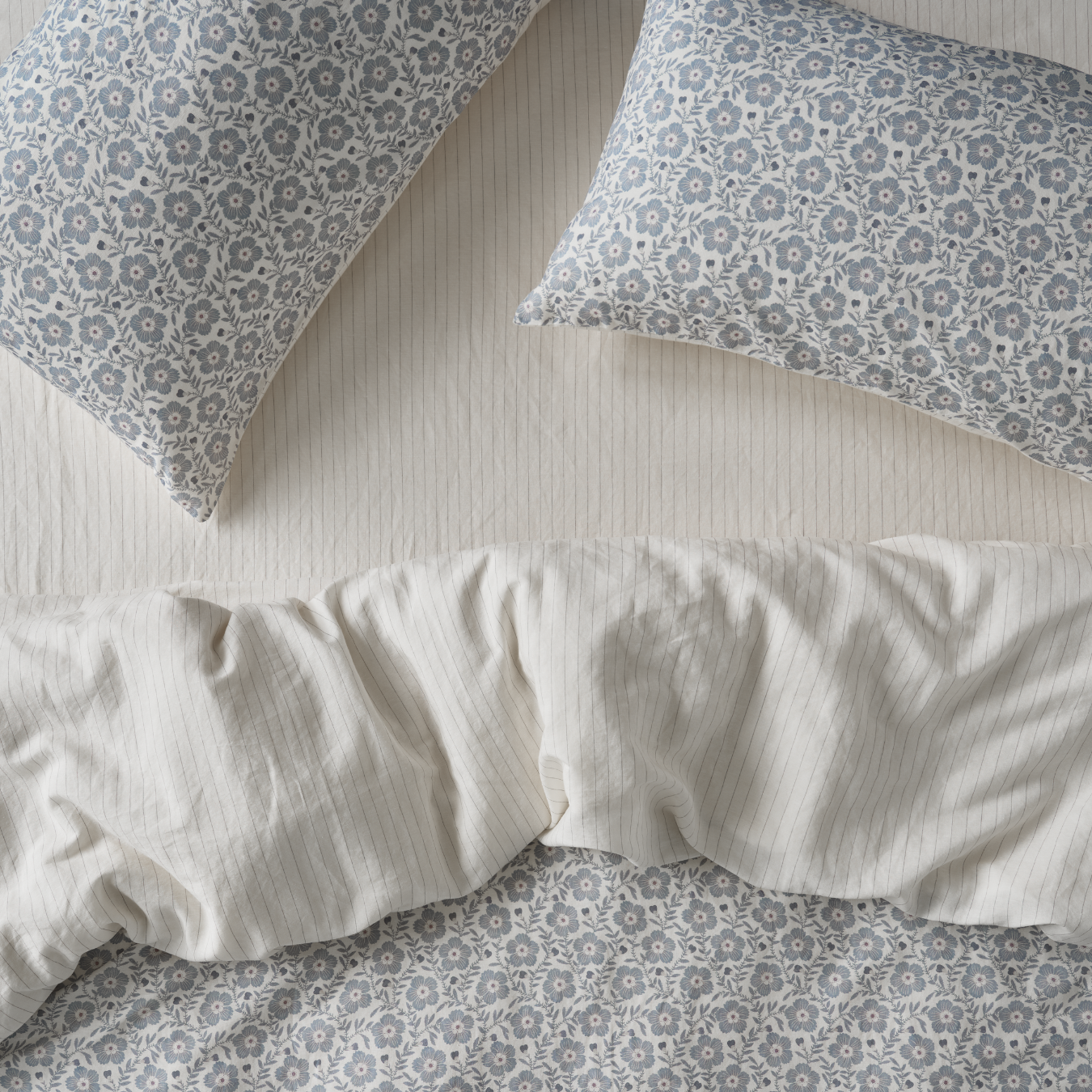 Dusk Blue Folk Floral Linen Blend Duvet Cover