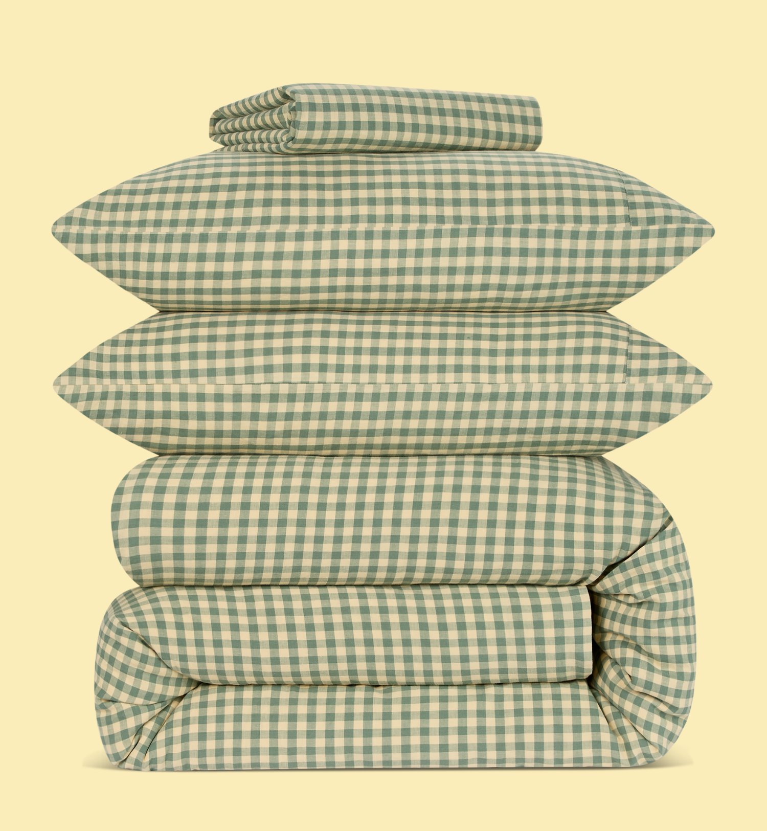 Elm Green & Butter Yellow Colour Drenched Gingham Linen Blend Duvet Cover