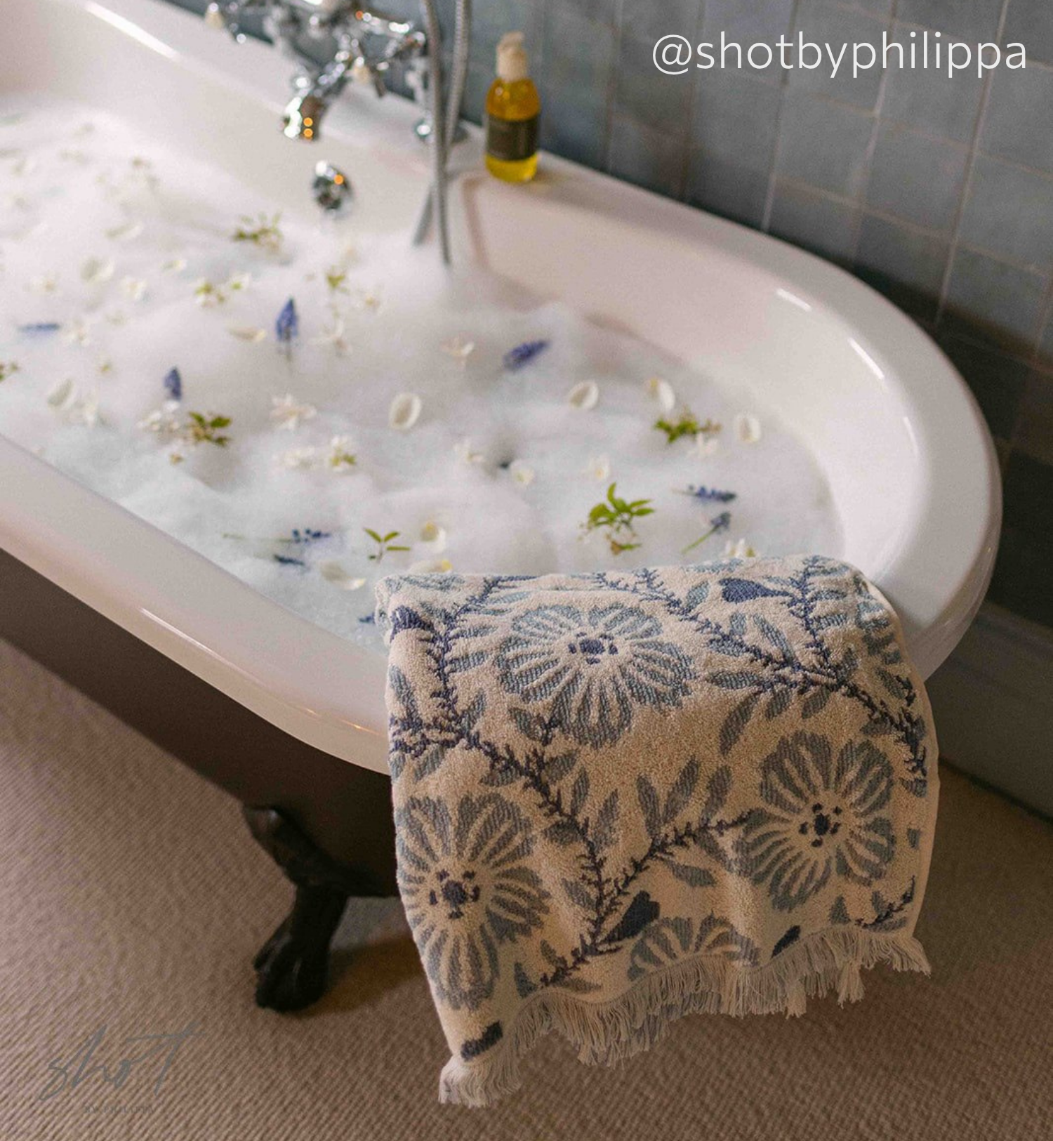 Dusk Blue Folk Floral Cotton Towels