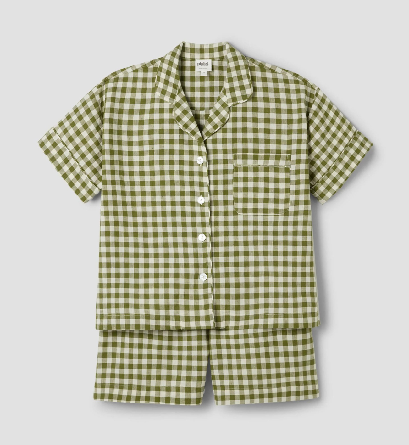 Botanical Green Gingham Linen Blend Pyjama Short Set