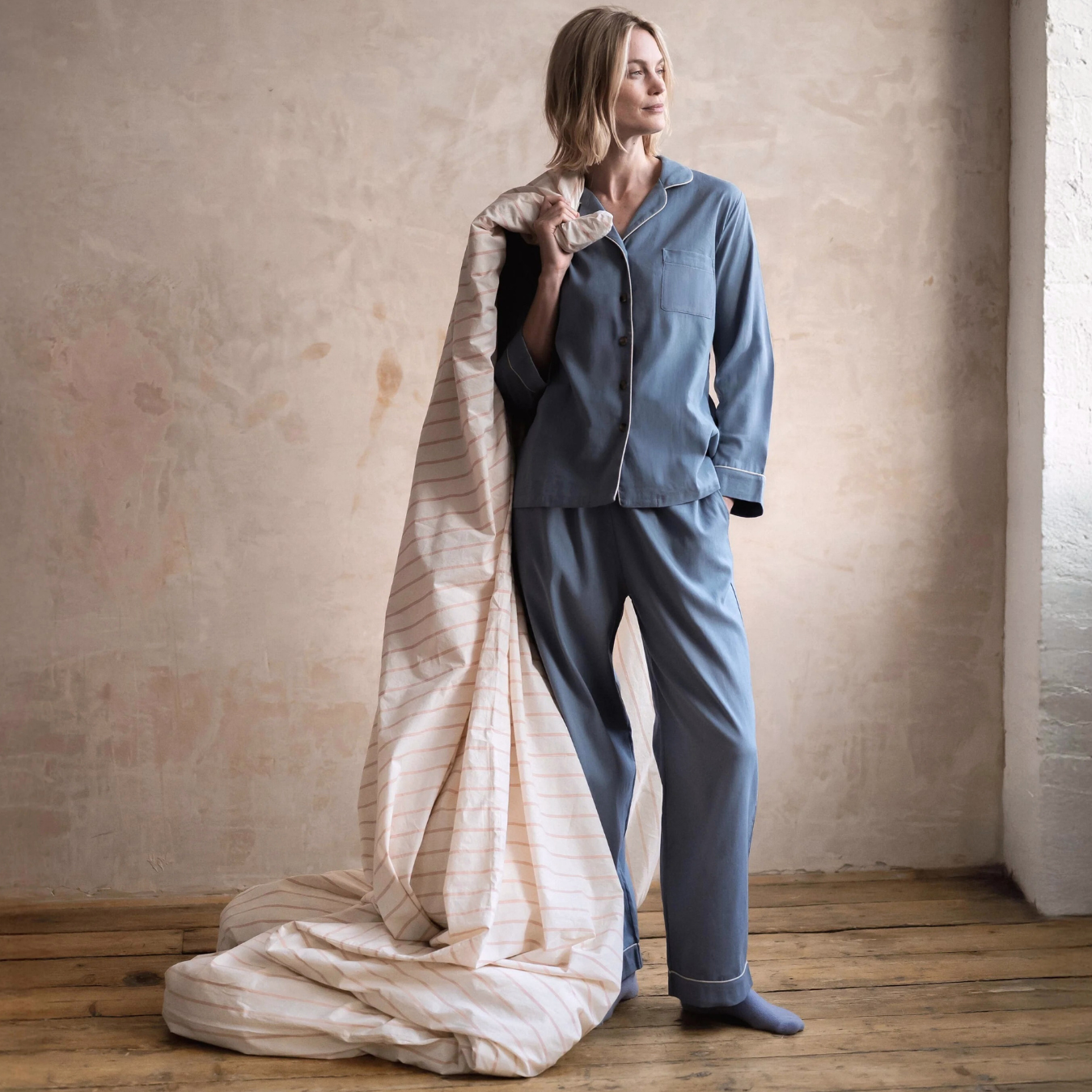 Dusk Blue Linen Blend Pyjama Trouser Set