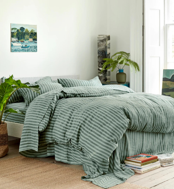 Pine Green Pembroke Stripe Linen Blend Duvet Cover