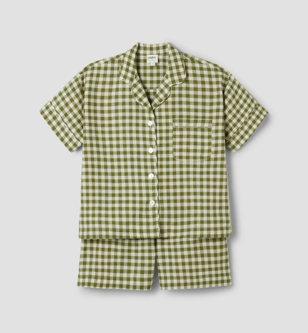 Botanical Green Gingham Linen Blend Pyjama Short Set