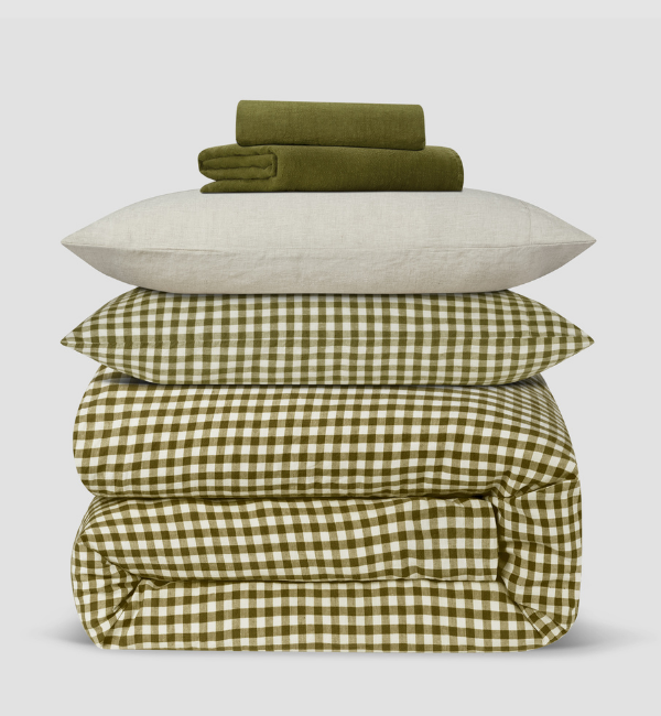 Botanical Green Gingham Linen Blend Duvet Cover