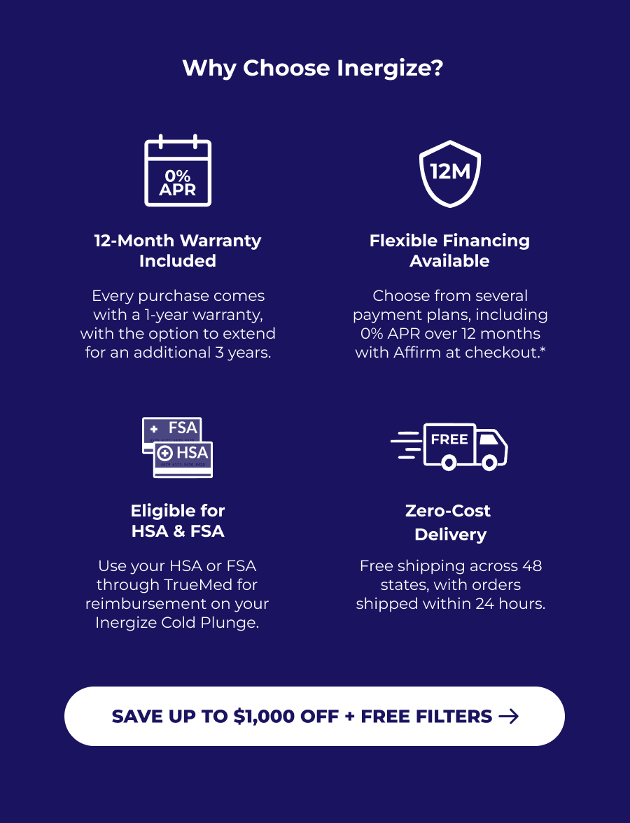 Why Choose Inergize? 12-Month Warranty Included Flexible Financing Available Every purchase comes with a 1-year warranty, with the option to extend for an additional 3 years. Choose from several payment plans, including 0% APR over 12 months with Affirm at checkout.* Eligible for HSA & FSA Zero-Cost  Delivery Use your HSA or FSA through TrueMed for reimbursement on your Inergize Cold Plunge. Free shipping across 48 states, with orders shipped within 24 hours.