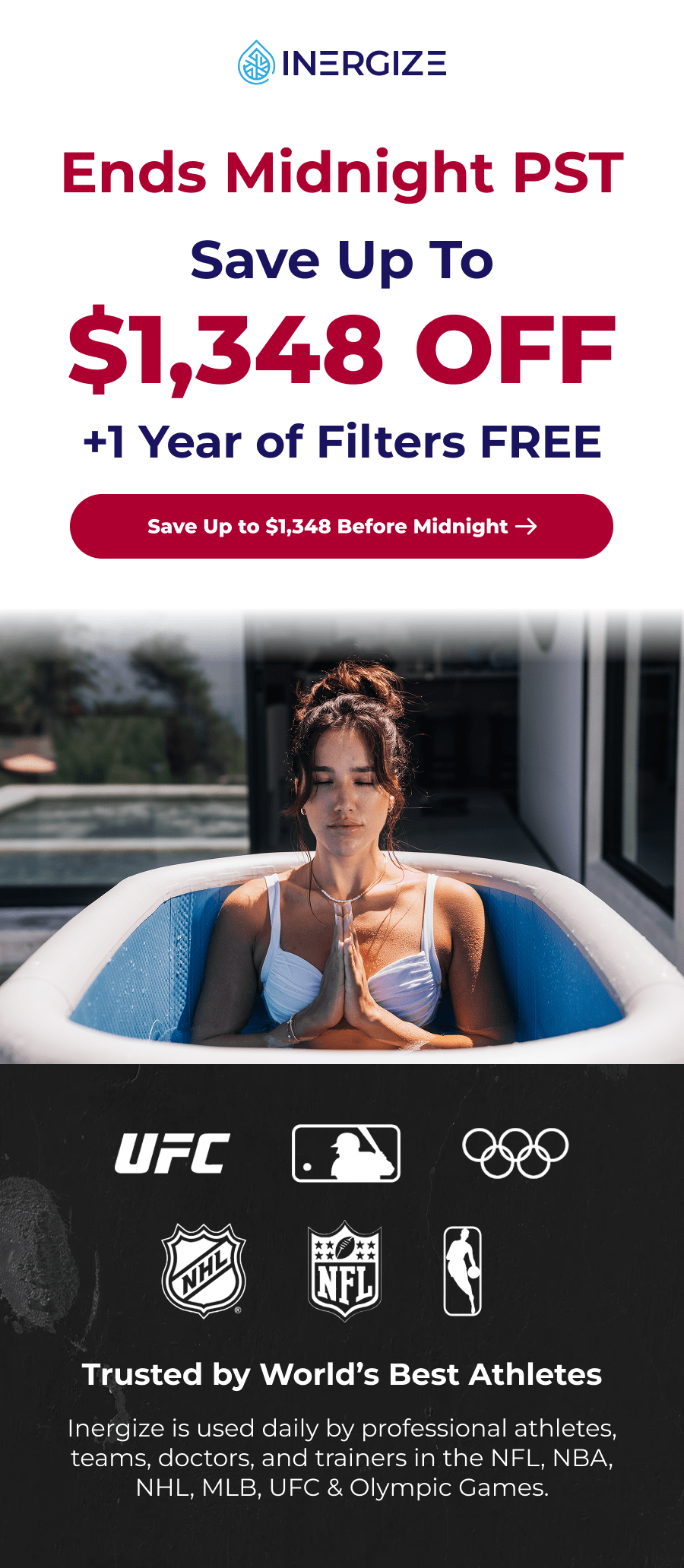 Ends Midnight PST - save up to $1,348 off + get 1 year of water filters. Trusted by World's Best Athletes Inergize is used daily by professional athletes, teams, doctors, and trainers in the NFL, NBA, NHL, MLB, UFC & Olympic Games.