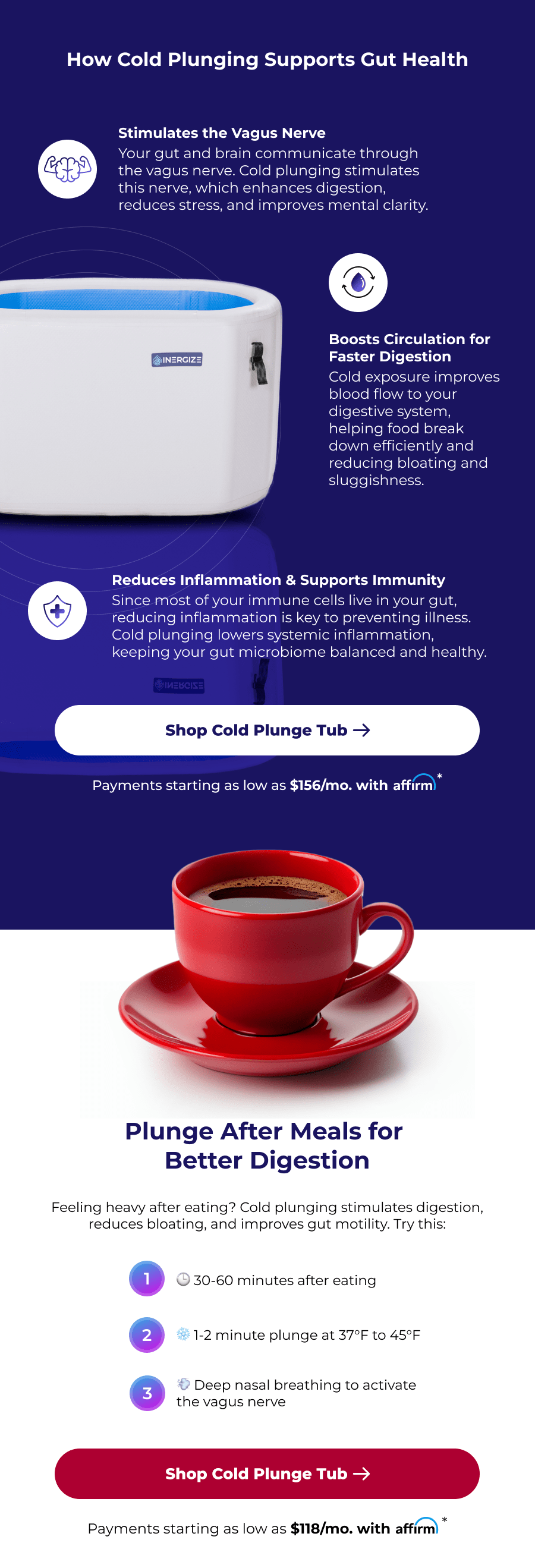 How Cold Plunging Supports Gut Health Stimulates the Vagus Nerve Your gut and brain communicate through the vagus nerve. Cold plunging stimulates this nerve, which enhances digestion, reduces stress, and improves mental clarity. Boosts Circulation for Faster Digestion Cold exposure improves blood flow to your digestive system, helping food break down efficiently and reducing bloating and sluggishness. Step #1 Plunge for 2-3 minutes in the evening at 37°F to 50°F to calm your nervous system. Reduces Inflammation & Supports Immunity Since most of your immune cells live in your gut, reducing inflammation is key to preventing illness. Cold plunging lowers systemic inflammation, keeping your gut microbiome balanced and healthy. Shop Cold Plunge Tub Payments starting as low as $156/mo. with * Plunge After Meals for  Better Digestion Feeling heavy after eating? Cold plunging stimulates digestion, reduces bloating, and improves gut motility. Try this: 1 🕒 30-60 minutes after eating 2 ❄️ 1-2 minute plunge at 37°F to 45°F 3 💨 Deep nasal breathing to activate the vagus nerve