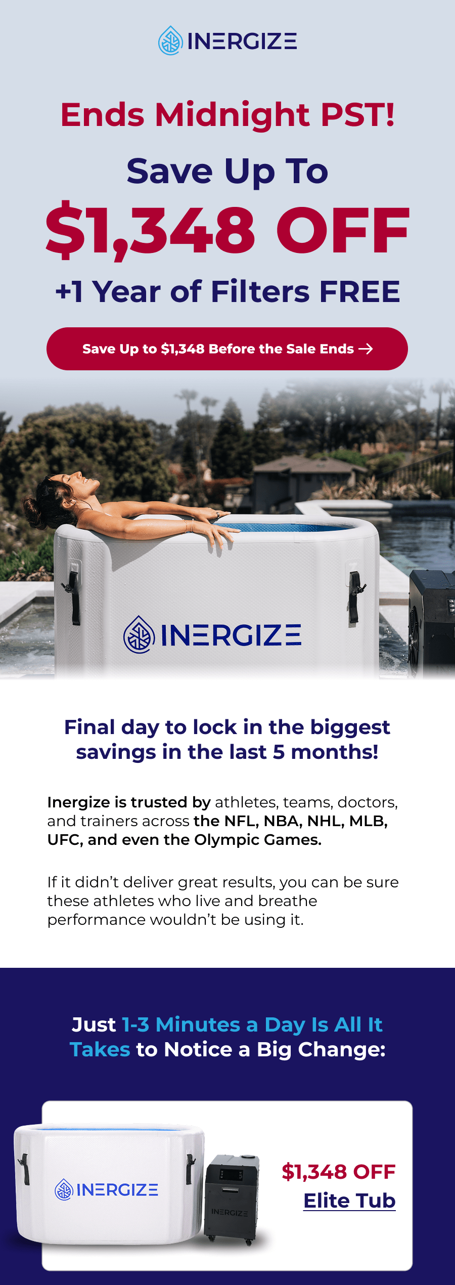 Ends midnight PST! Save up to $1348 off + get 1 year of water filters. Final day to lock in the biggest savings in the last 5 months! Inergize is trusted by athletes, teams, doctors, and trainers across the NFL, NBA, NHL, MLB, UFC, and even the Olympic Games.   If it didn't deliver great results, you can be sure these athletes who live and breathe performance wouldn't be using it. Just 1-3 Minutes a Day Is All It Takes to Notice a Big Change: Elite Tub