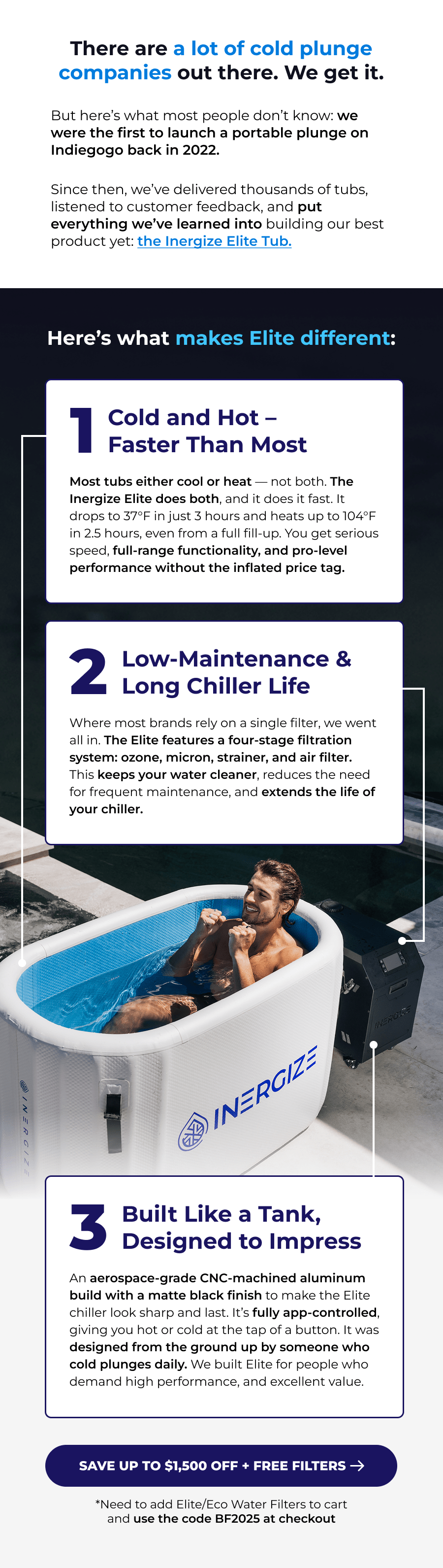 There are a lot of cold plunge companies out there. We get it. But here's what most people don't know: we were the first to launch a portable plunge on Indiegogo back in 2022.  Since then, we've delivered thousands of tubs, listened to customer feedback, and put everything we've learned into building our best product yet: the Inergize Elite Tub. Here's what makes Elite different: 1  Cold and Hot – Faster Than Most Most tubs either cool or heat — not both. The Inergize Elite does both, and it does it fast. It drops to 37°F in just 3 hours and heats up to 104°F in 2.5 hours, even from a full fill-up. You get serious speed, full-range functionality, and pro-level performance without the inflated price tag. 2 Low-Maintenance & Long Chiller Life Where most brands rely on a single filter, we went all in. The Elite features a four-stage filtration system: ozone, micron, strainer, and air filter. This keeps your water cleaner, reduces the need for frequent maintenance, and extends the life of your chiller. 3 Built Like a Tank, Designed to Impress An aerospace-grade CNC-machined aluminum build with a matte black finish to make the Elite chiller look sharp and last. It's fully app-controlled, giving you hot or cold at the tap of a button. It was designed from the ground up by someone who cold plunges daily. We built Elite for people who demand high performance, and excellent value.