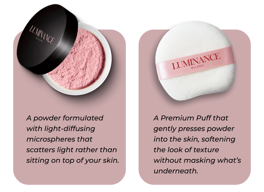 ✅ A powder formulated with light-diffusing microspheres that scatters light rather than sitting on top of your skin.  ✅ A brush that places it with enough precision to soften the texture of your skin without flattening everything underneath. 