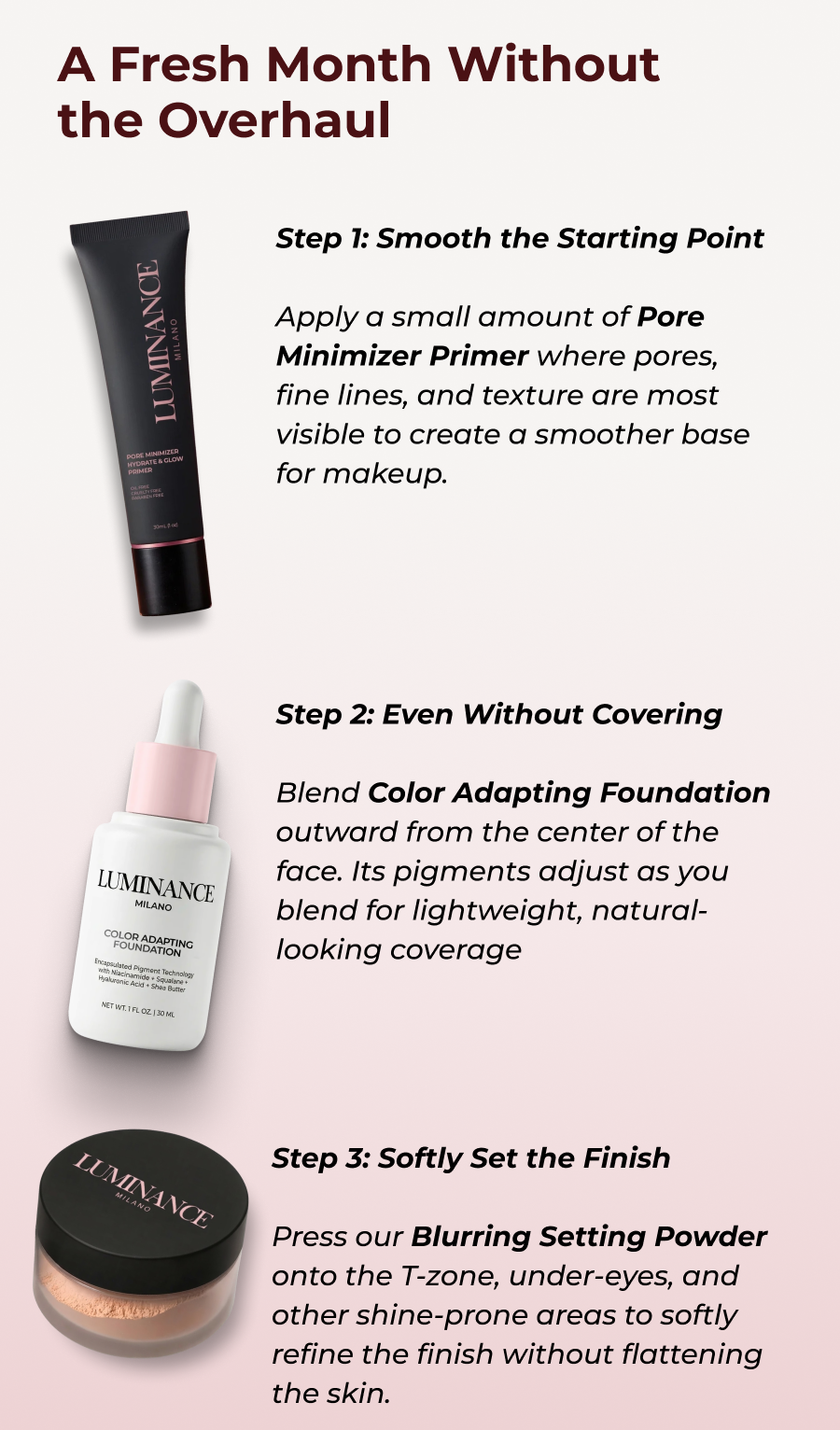 A Fresh Month Without the Overhaul: Step 1: Smooth the Starting Point.  Step 2: Even Without Covering.  Step 3: Softly Set the Finish