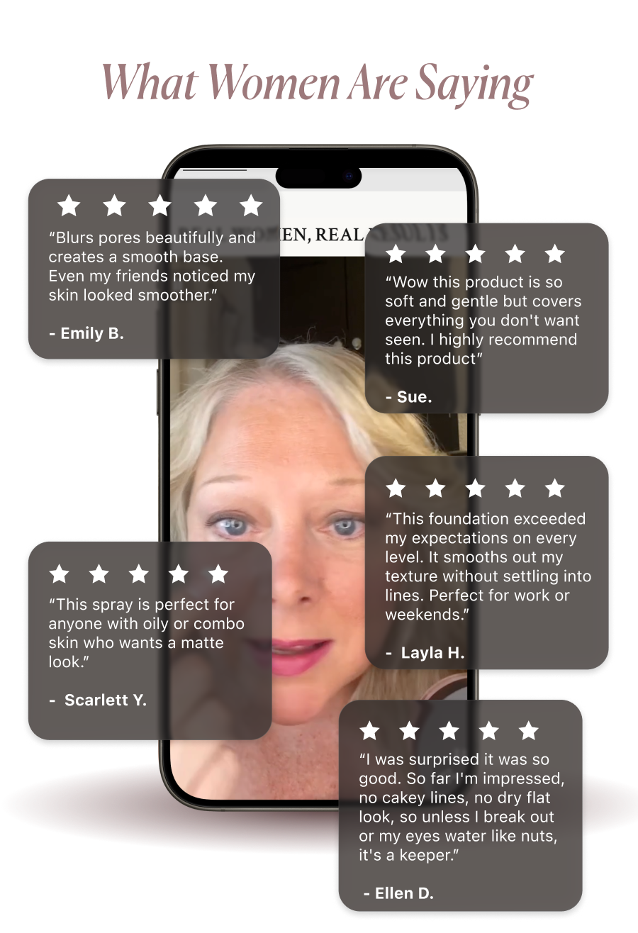 What Women Are Saying   ⭐⭐⭐⭐⭐  “Blurs pores beautifully and creates a smooth base. Even my friends noticed my skin looked smoother.” - Emily B.   ⭐⭐⭐⭐⭐  “Wow this product is so soft and gentle but covers everything you don't want seen. I highly recommend this product” -  Sue. 