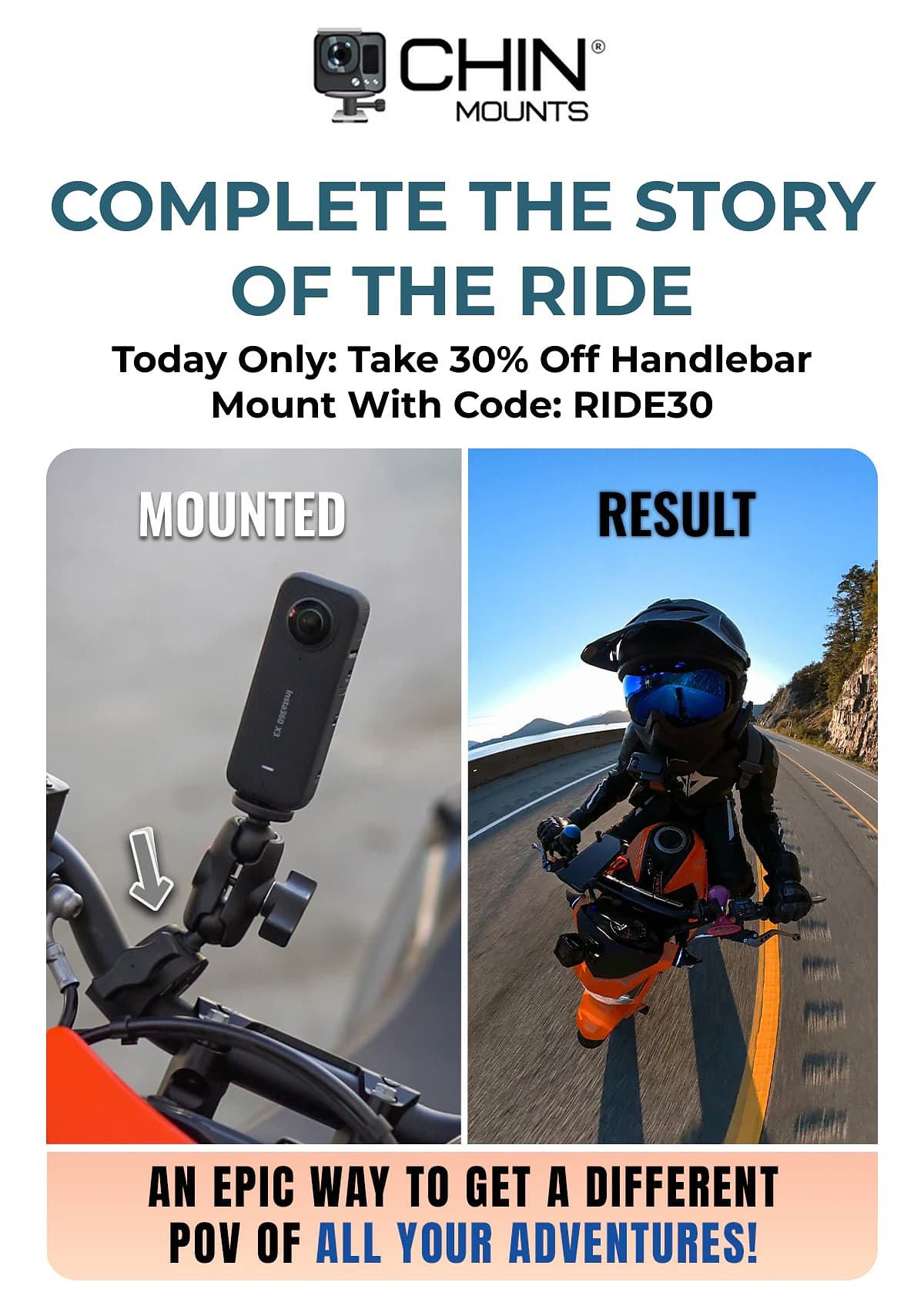 Chin mounts complete the story of the ride Today Only: Take 30% Off Handlebar Mount With Code ride30 an epic way to get a different pov of your…