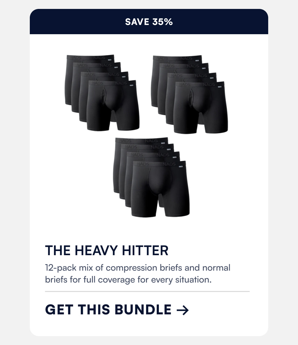 Save 35% The Heavy Hitter  12-pack mix of compression boxer briefs and normal briefs for full coverage for every situation. GET THIS BUNDLE