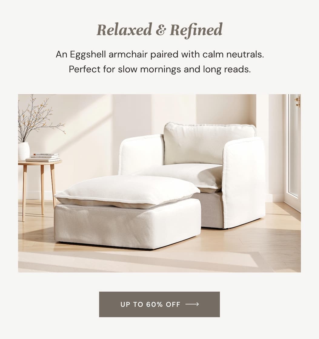 An Eggshell armchair paired with calm neutrals. Perfect for slow mornings and long reads.