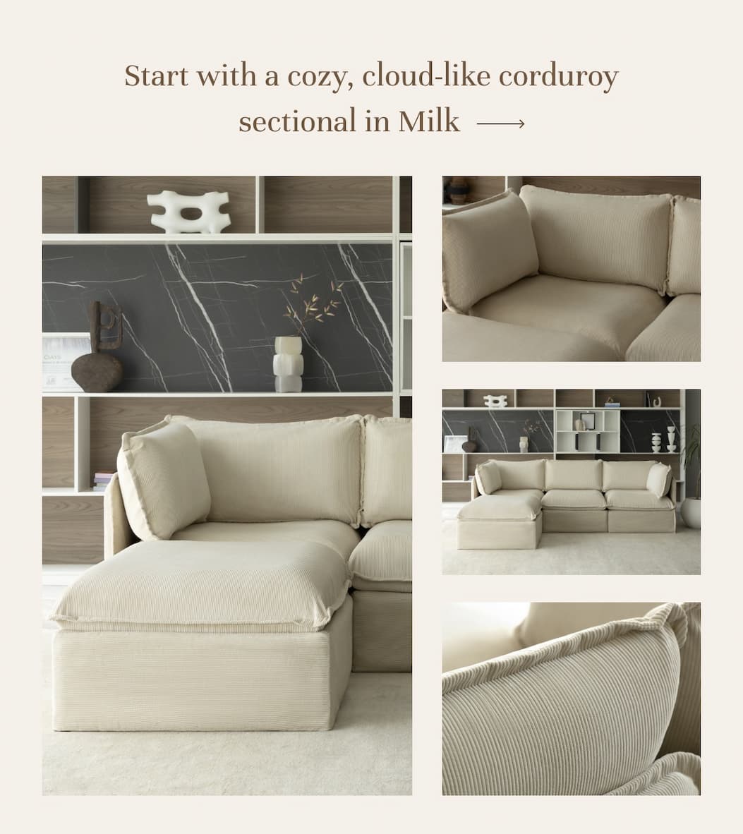 Start with a cozy, cloud-like corduroy sectional in Milk