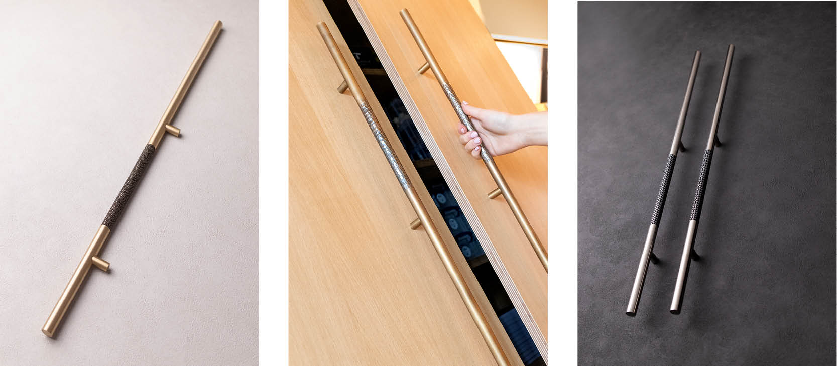 Long door pull handles in various metallic finishes with textured grips, shown in close-up, installed on a wooden door, and displayed as a matching pair on a dark surface. Long door pull handles in various metallic finishes with textured grips, shown in close-up, installed on a wooden door, and displayed as a matching pair on a dark surface.