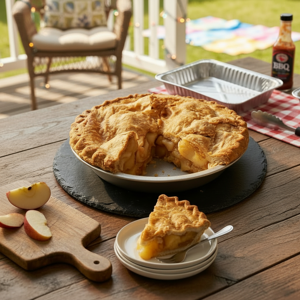 A golden-brown apple pie sits on a table with a slice on a plate.