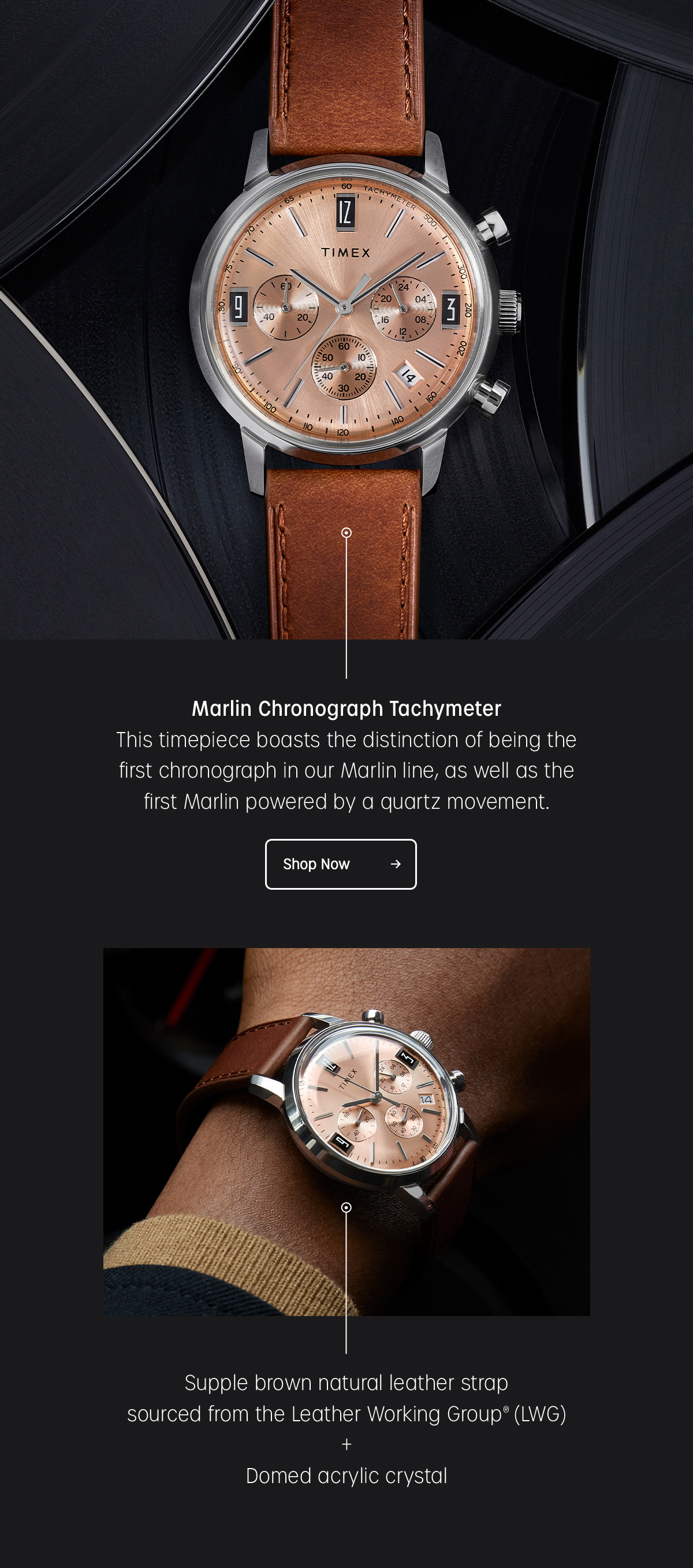 MARLIN CHRONOGRAPH TACHYMETER | THIS TIMEPIECE BOASTS THE DISTINCTION OF BEING THE FIRST CHRONOGRAPH IN OUR MARLIN LINE,, AS WELL AS THE FIRST MARLIN POWERED BY A QUARTZ MOVEMENT. | SHOP NOW | SUPPLE BROWN NATURAL LEATHER STRAP SOURCED FROM THE LEATHER WORKING GROUP + DOMED ACRYLIC CRYSTAL