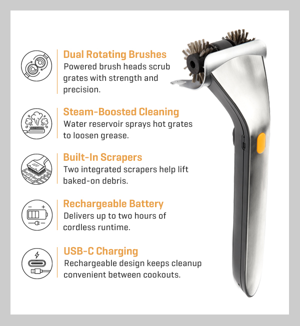 Give your grill a glow-up! 25% off our Electric Spin & Steam Grill Brush