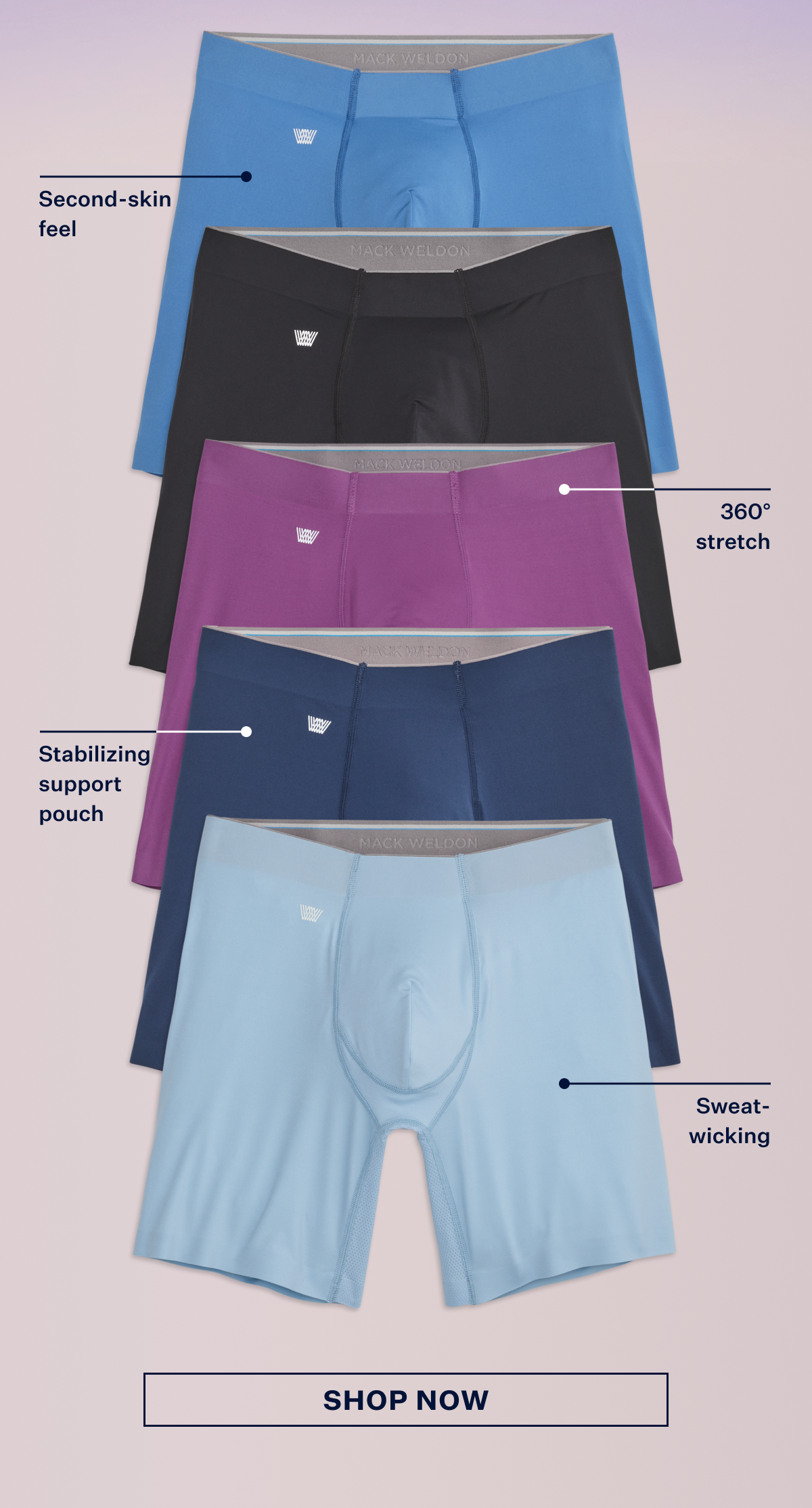 Front laydown of Stealth Pro Boxer Briefs in 5 various colors