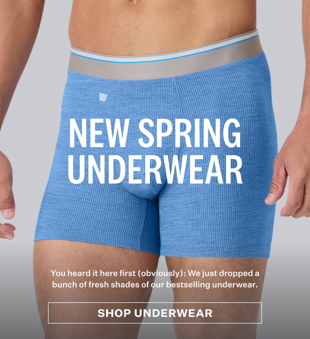 Close up view of a man wearing Airknitx Boxer brief in Racing Blue Heather