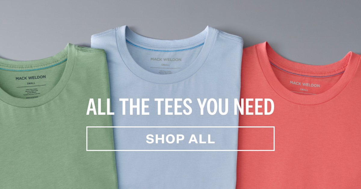 Promotional banner featuring three Mack Weldon t-shirts.