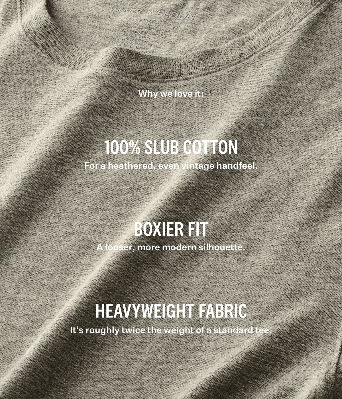 Close up view of the Heavyweight Fabric. White text highlights features: "100% SLUB COTTON," "BOXIER FIT," and "HEAVYWEIGHT FABRIC" with brief descriptions for each. 